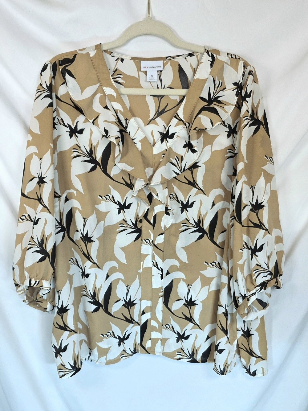 Liz Claiborne Womens XL Blouse Tan Black White Floral Ruffle Casual Boho Chic